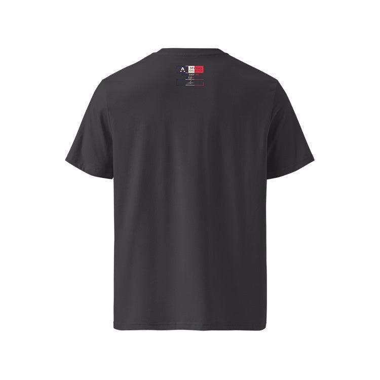 T-shirt unisexe anthracite, vu de dos et portant l'étiquette de la collection "Mytho" aux couleurs de la France