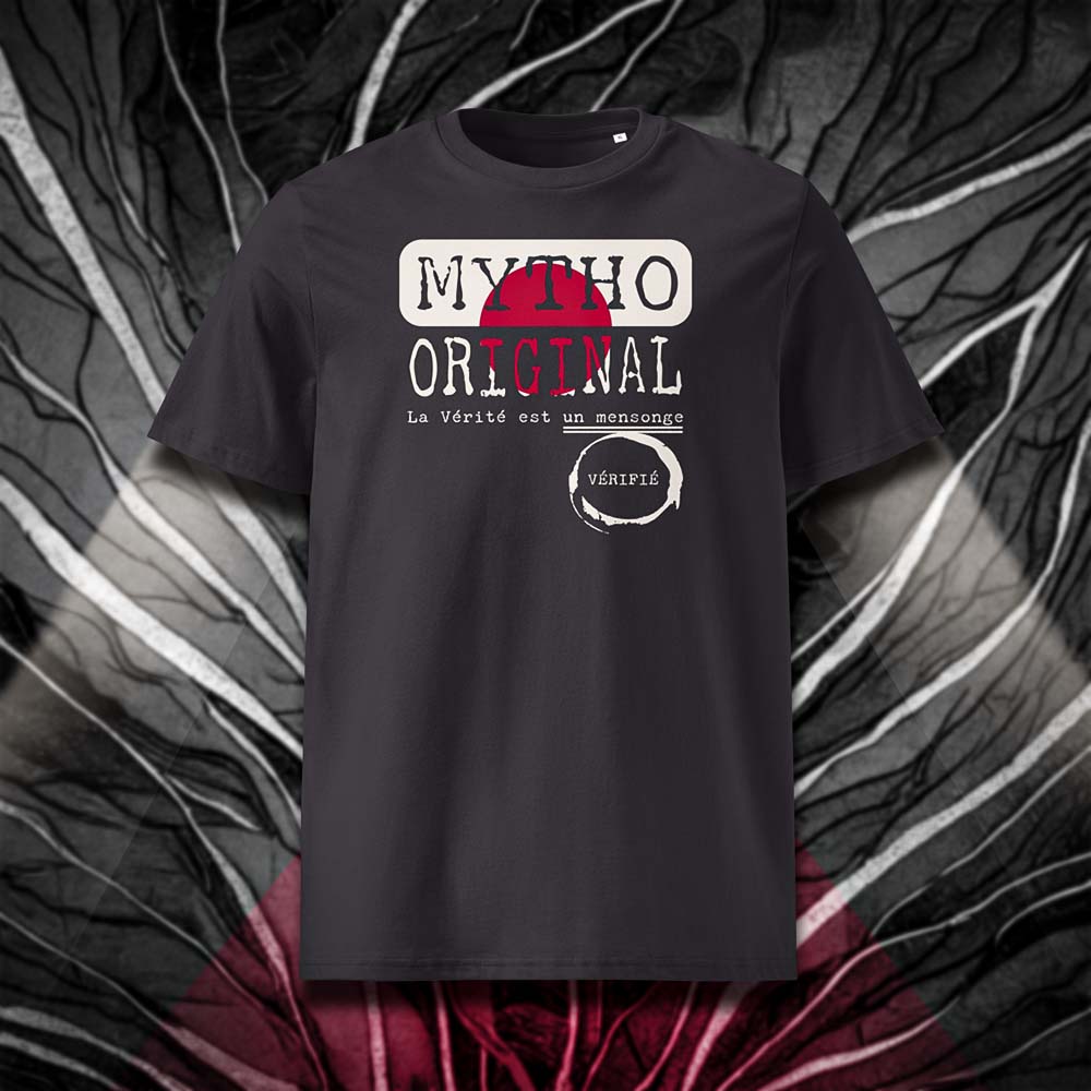 T-shirt unisexe anthracite, vu de face et portant le design "Mytho Original" aux couleurs du Japon