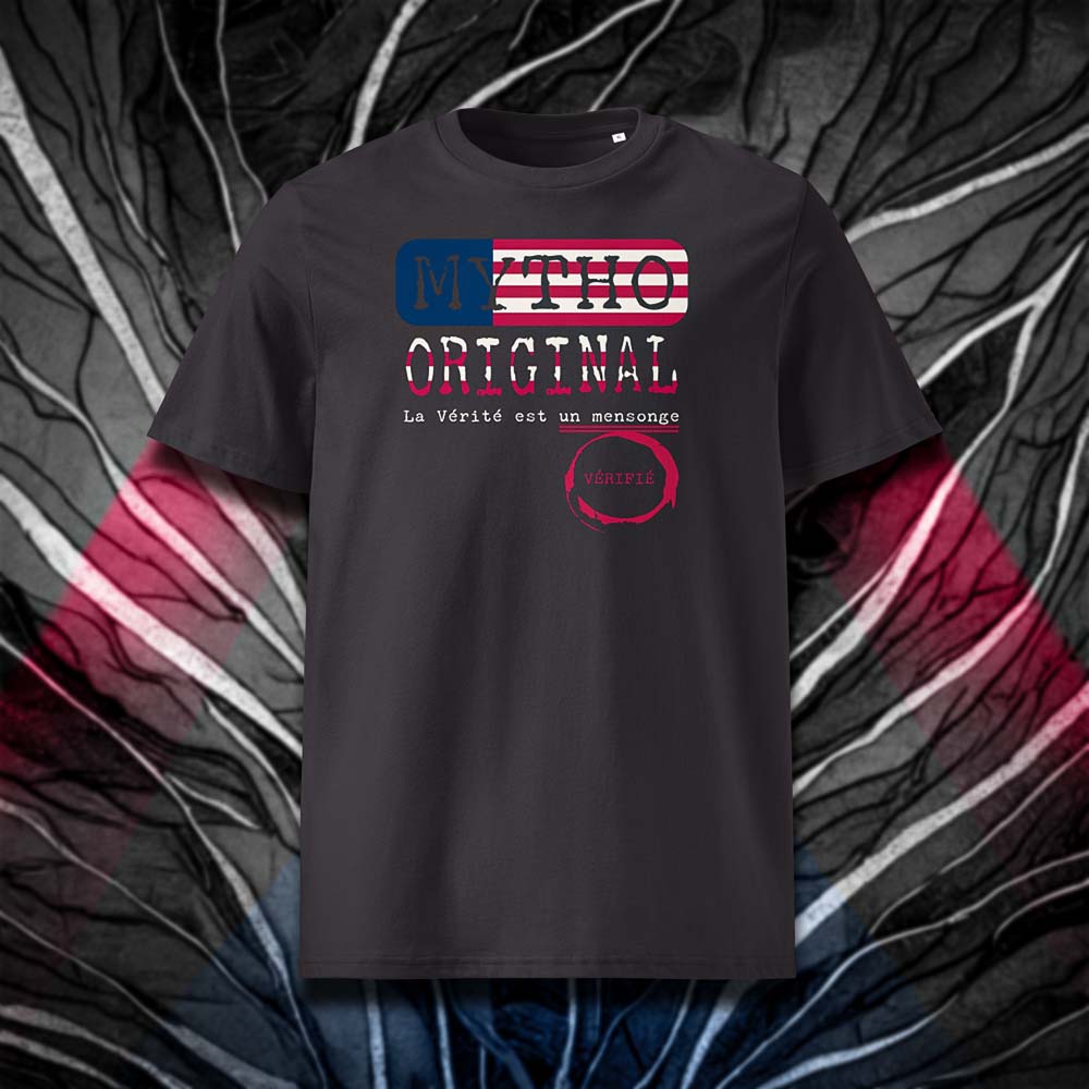 T-shirt unisexe anthracite, vu de face et portant le design "Mytho Original" aux couleurs des USA