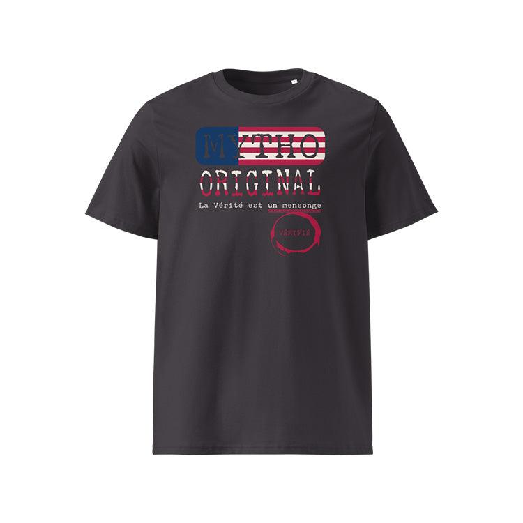 T-shirt unisexe anthracite, vu de face et portant le design "Mytho Original" aux couleurs des USA