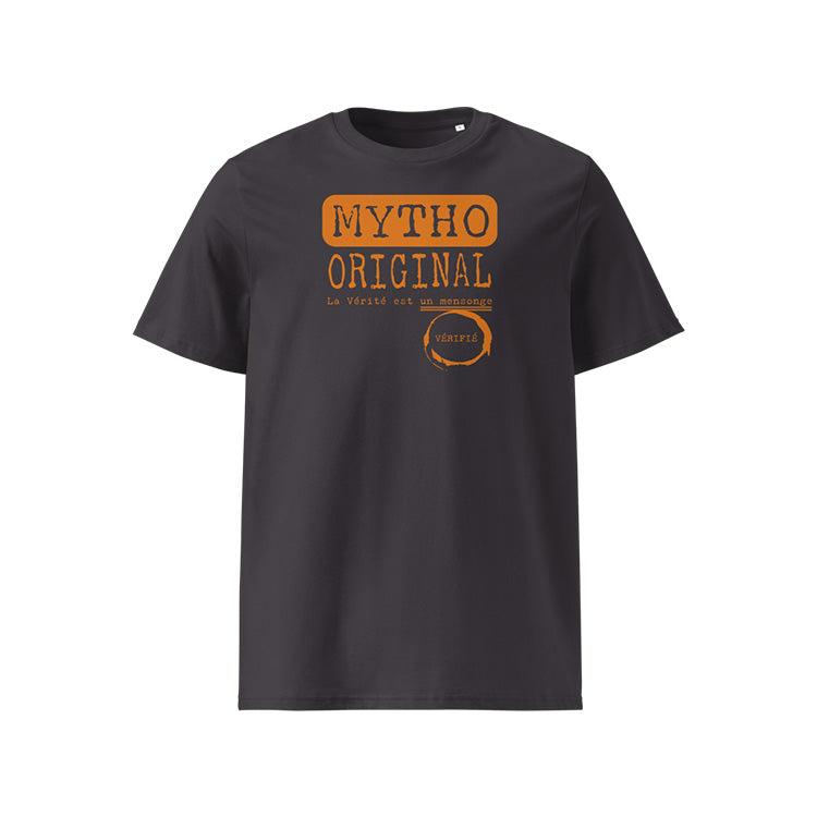 T-shirt unisexe anthracite, vu de face et portant le design "Mytho Original" coloré en mandarine