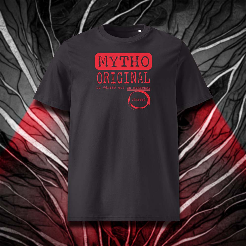 T-shirt unisexe anthracite, vu de face et portant le design "Mytho Original" coloré en rouge écarlate