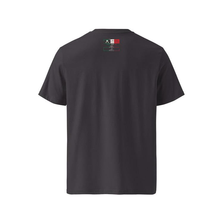 T-shirt unisexe anthracite, vu de dos et portant l'étiquette de la collection "Mytho" aux couleurs de l'Italie