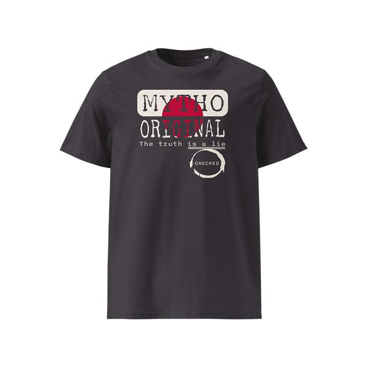 T-shirt unisexe anthracite, vu de face et portant le design "Mytho Original" en version anglaise et aux couleurs du Japon