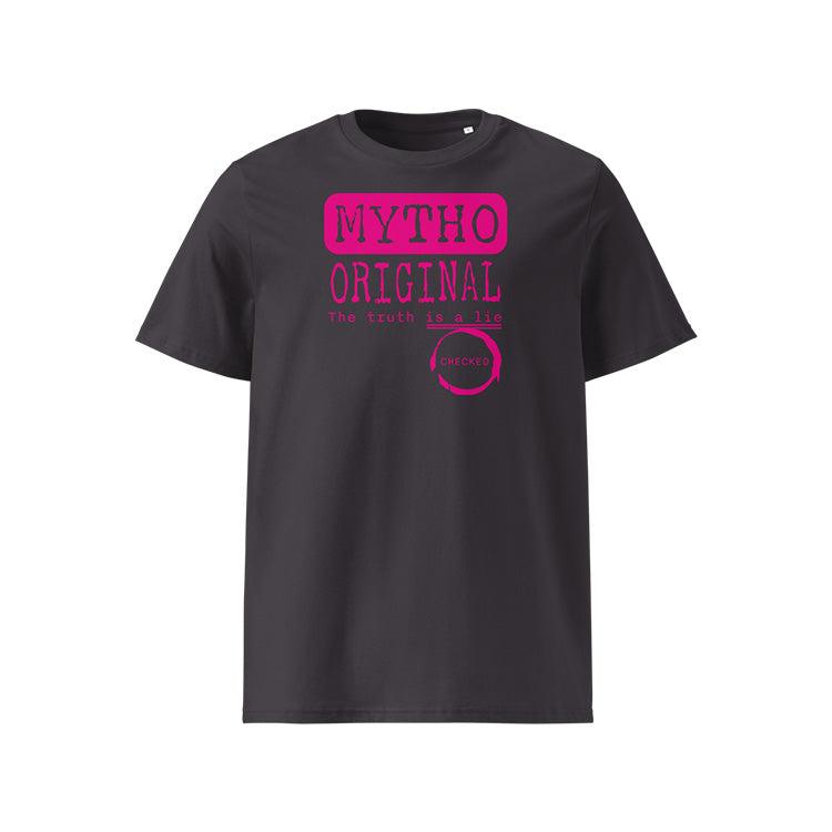 T-shirt unisexe anthracite, vu de face et portant le design "Mytho Original" en version anglaise et coloré en magenta