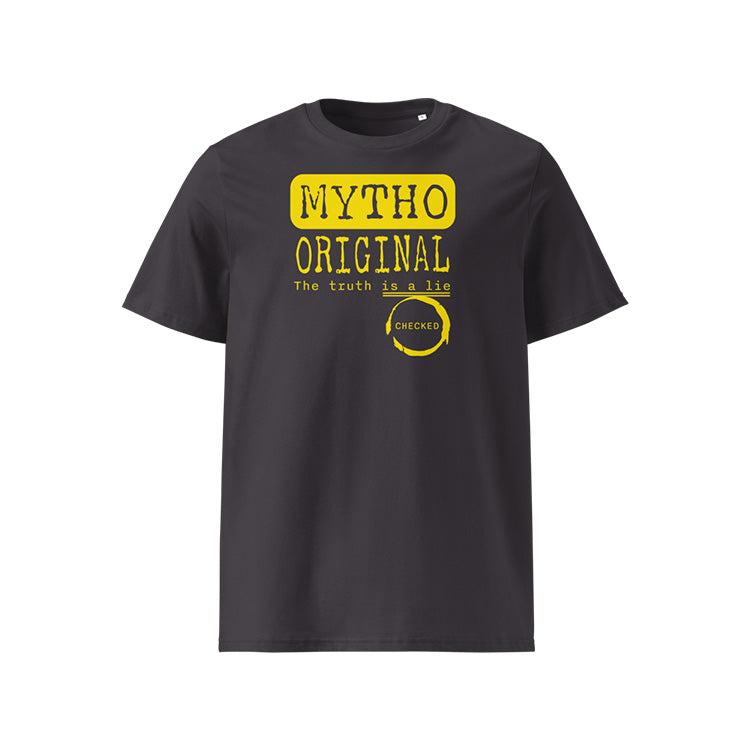 T-shirt unisexe anthracite, vu de face et portant le design "Mytho Original" en version anglaise et coloré en jaune soleil