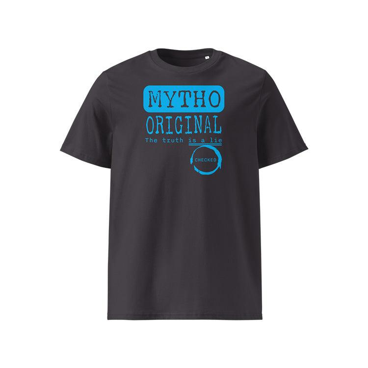 T-shirt unisexe anthracite, vu de face et portant le design "Mytho Original" en version anglaise et coloré en cyan