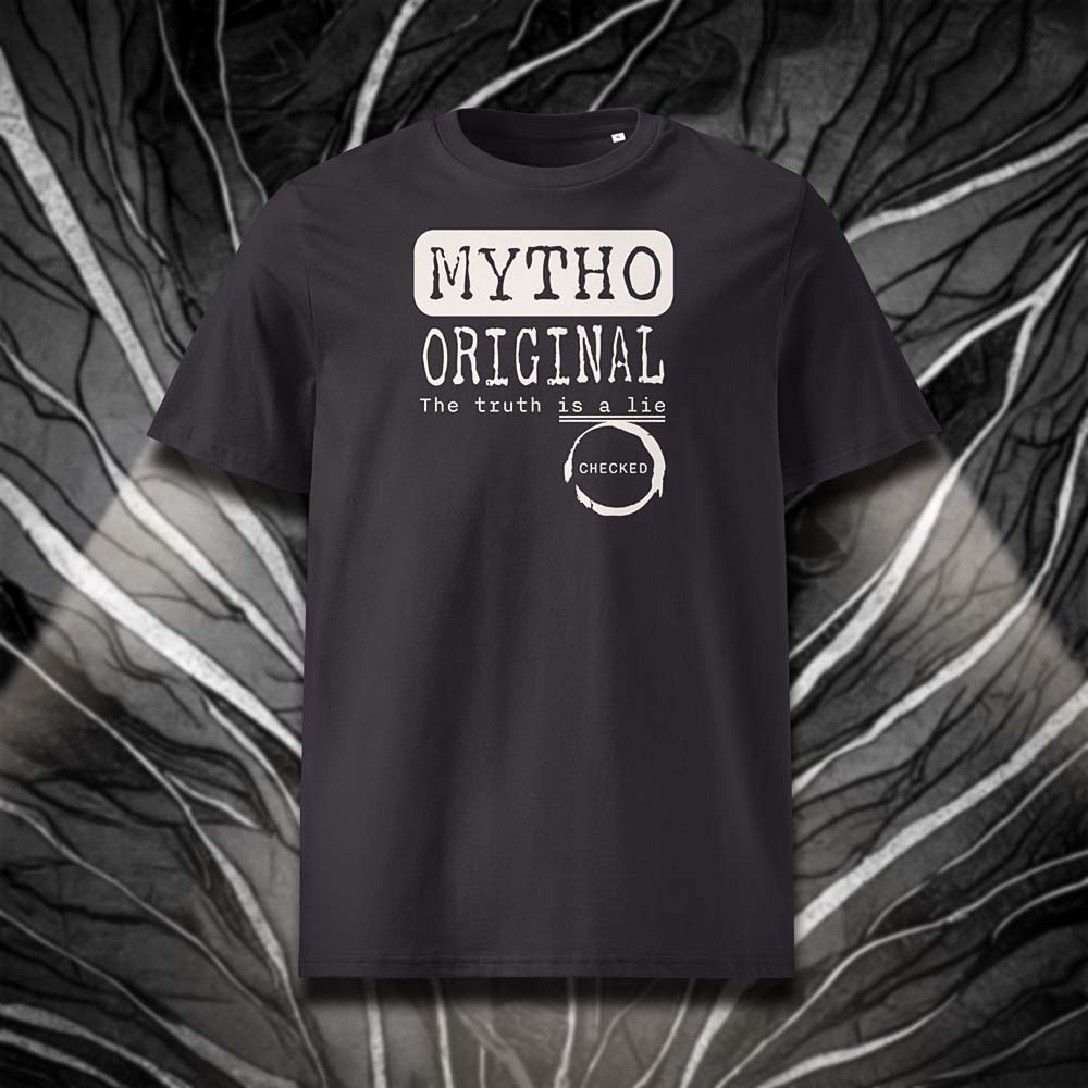 T-shirt unisexe anthracite, vu de face et portant le design "Mytho Original" en version anglaise et coloré en blanc craie