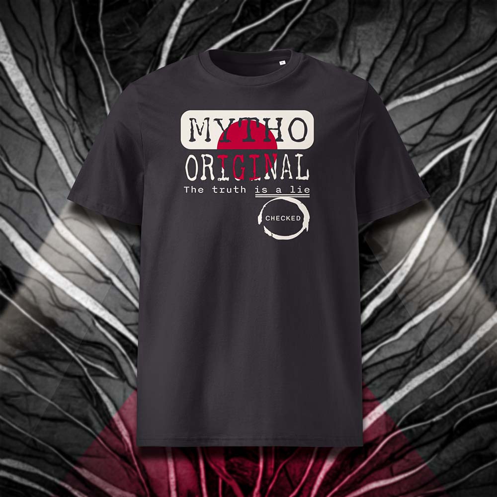 T-shirt unisexe anthracite, vu de face et portant le design "Mytho Original" en version anglaise et aux couleurs du Japon