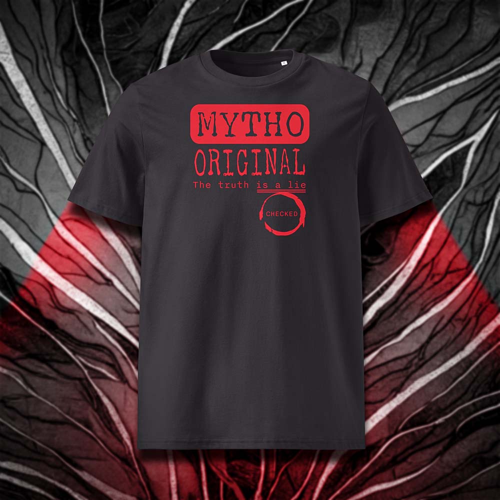 T-shirt unisexe anthracite, vu de face et portant le design "Mytho Original" en version anglaise et coloré en rouge écarlate