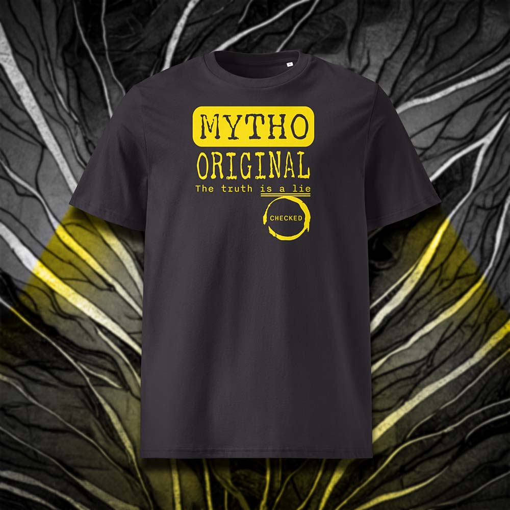 T-shirt unisexe anthracite, vu de face et portant le design "Mytho Original" en version anglaise et coloré en jaune soleil