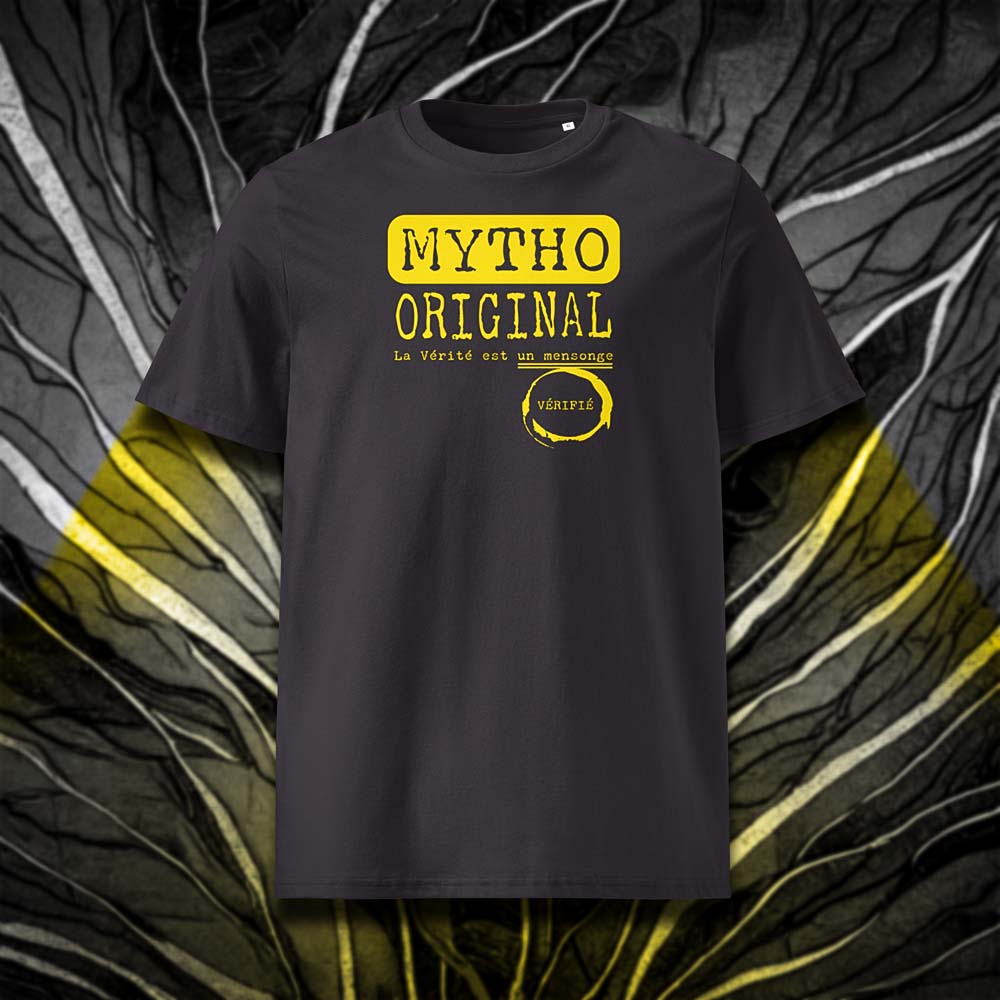 T-shirt unisexe anthracite, vu de face et portant le design "Mytho Original" coloré en jaune soleil