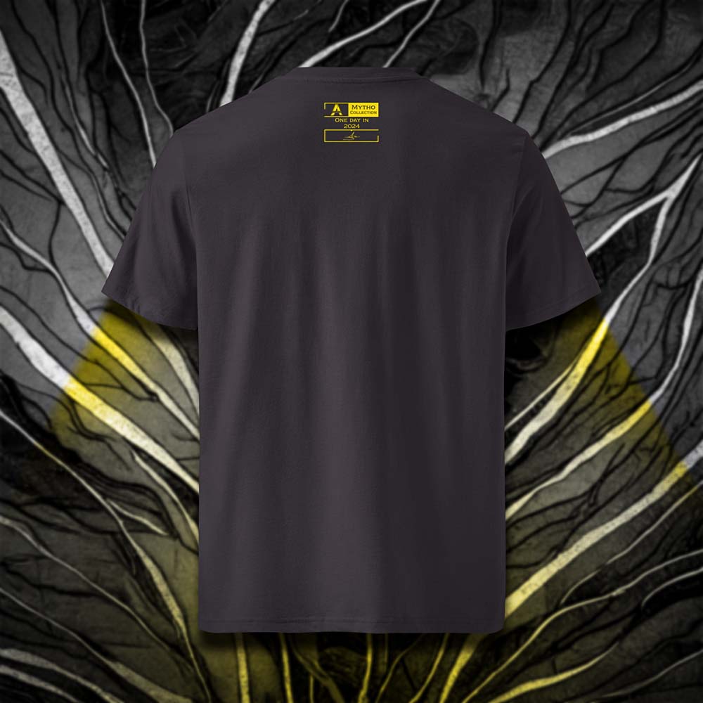 T-shirt unisexe anthracite, vu de dos et portant l'étiquette de la collection "Mytho" coloré en jaune soleil