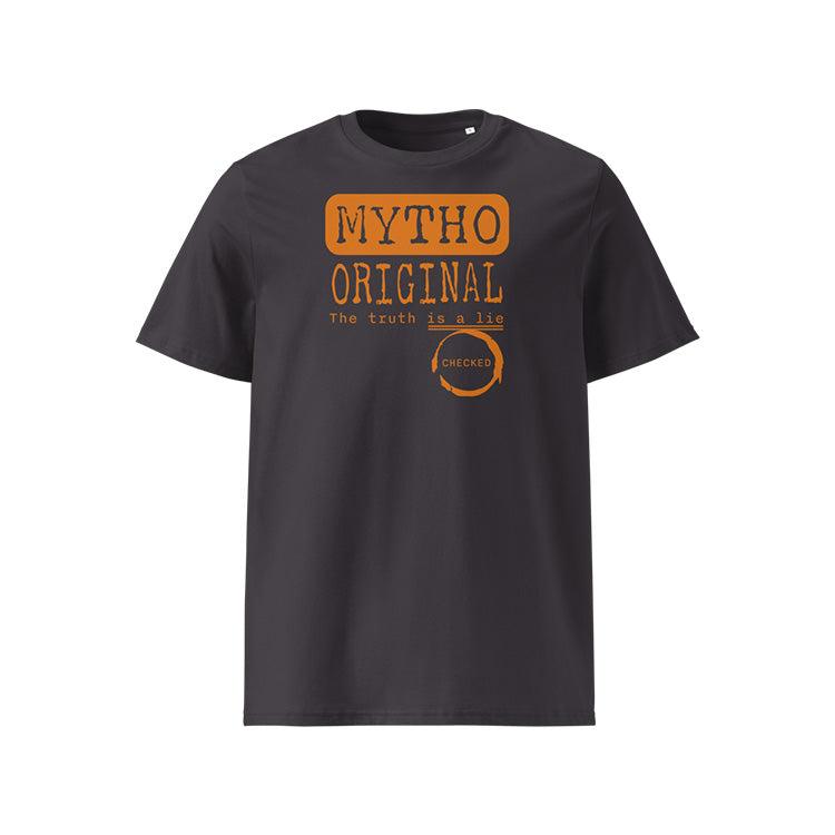 T-shirt unisexe anthracite, vu de face et portant le design "Mytho Original" en version anglaise et coloré en mandarine