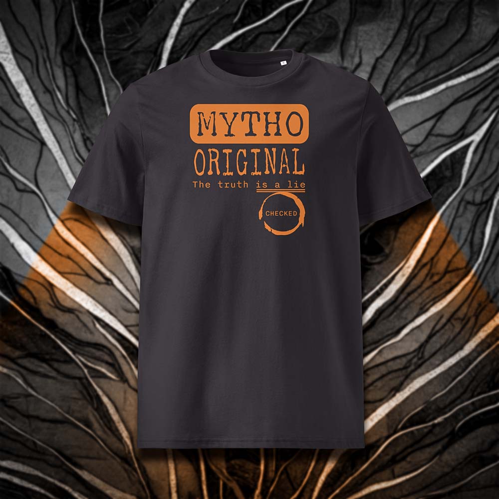 T-shirt unisexe anthracite, vu de face et portant le design "Mytho Original" en version anglaise et coloré en mandarine