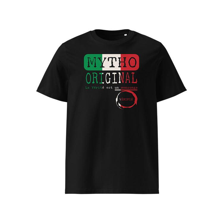 T-shirt unisexe noir, vu de face et portant le design "Mytho Original" aux couleurs de l'Italie