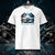 T-shirt original blanc, vu de face et portant le design "Abstraction 1" coloré en noir et cyan