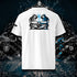 T-shirt unisexe blanc, vu de dos et portant le design "Abstraction 1" coloré en noir et cyan