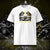 T-shirt unisexe blanc, vu de face et portant le design "Abstraction 1" coloré en noir et jaune soleil