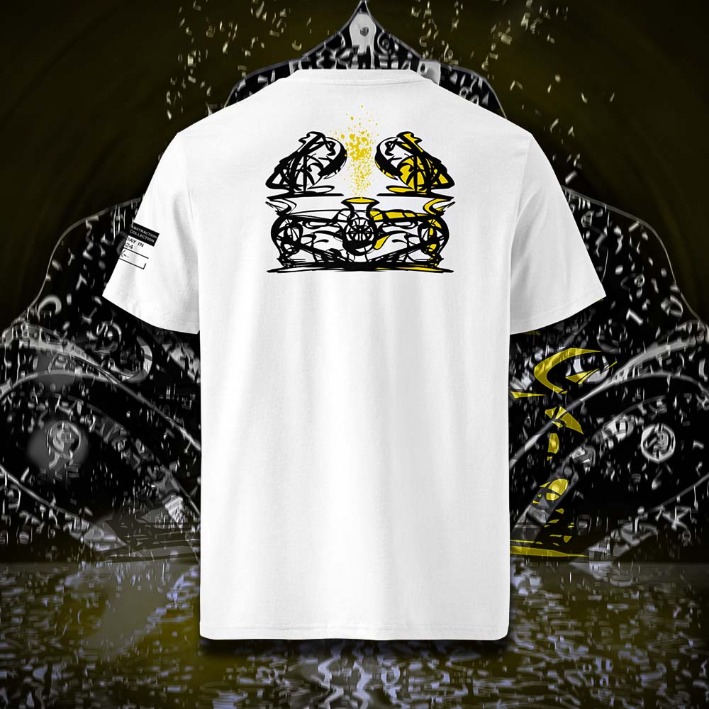 T-shirt unisexe blanc, vu de dos et portant le design "Abstraction 1" coloré en noir et jaune soleil