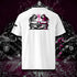 T-shirt unisexe blanc, vu de dos et portant le design "Abstraction 1" coloré en noir et magenta