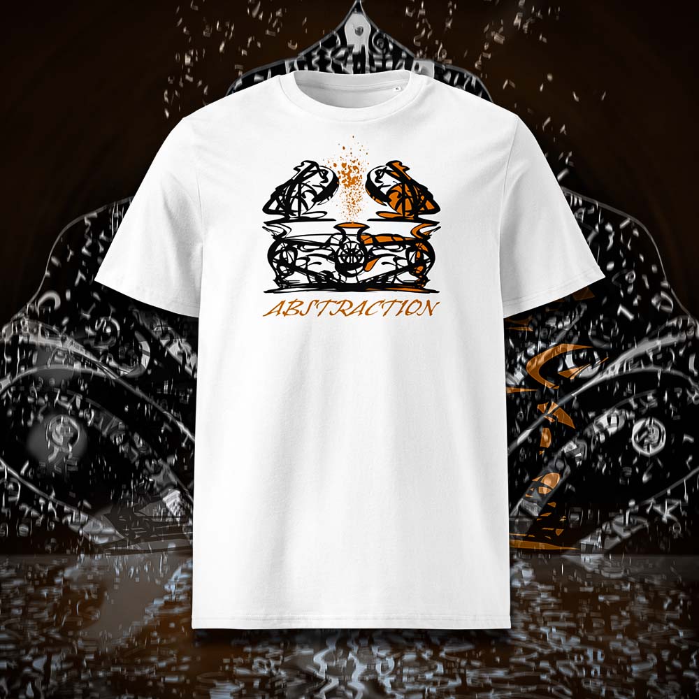 T-shirt unisexe blanc, vu de face et portant le design "Abstraction 1" coloré en noir et mandarine