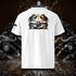 T-shirt unisexe blanc, vu de dos et portant le design "Abstraction 1" coloré en noir et mandarine