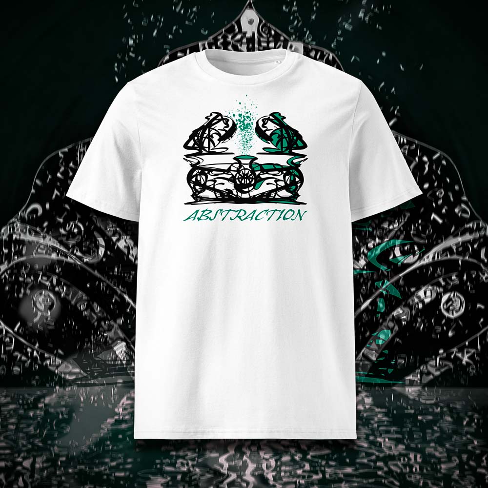 T-shirt unisexe blanc, vu de face et portant le design "Abstraction 1" coloré en noir et vert émeraude