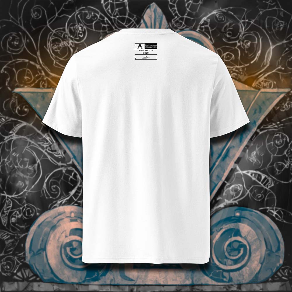 T-shirt unisexe blanc, vu de dos et portant l'étiquette de la collection "Abstraction" coloré en noir