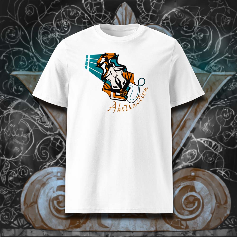 T-shirt unisexe blanc, vu de face et portant le design "Abstraction 2" coloré en noir et mandarine