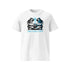 T-shirt original blanc, vu de face et portant le design "Abstraction 1" coloré en noir et cyan