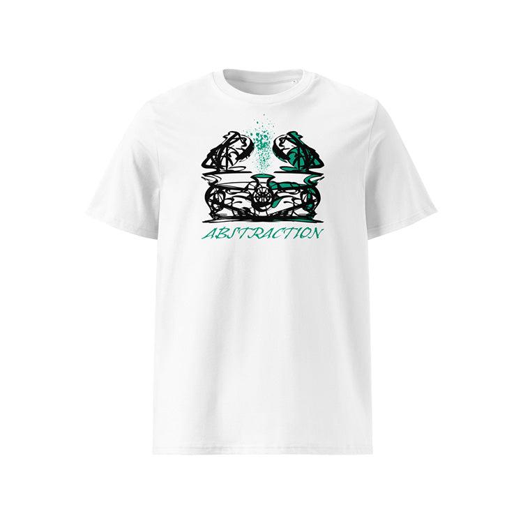 T-shirt unisexe blanc, vu de face et portant le design "Abstraction 1" coloré en noir et vert émeraude