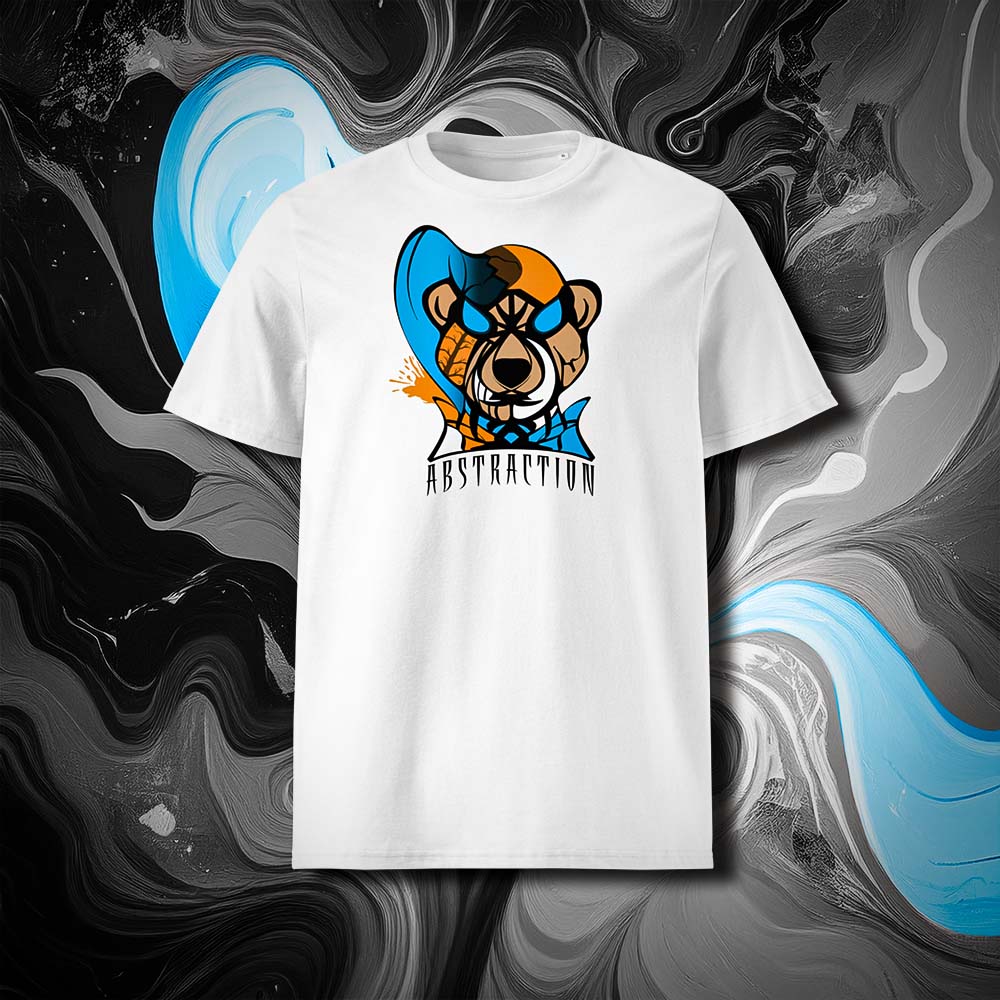 T-shirt unisexe blanc, vu de face et portant le design "Abstraction 3" coloré en noir et cyan