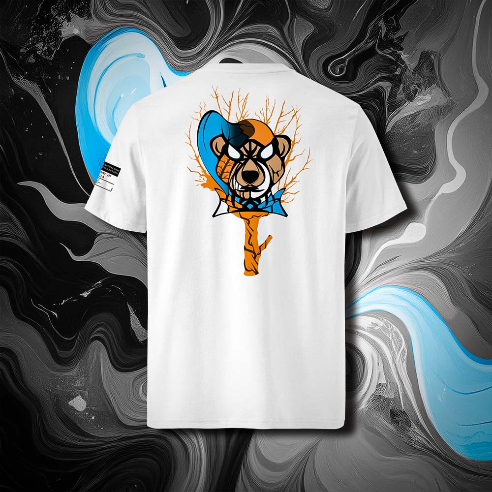 T-shirt unisexe blanc, vu de dos et portant le design "Abstraction 3" coloré en noir et cyan