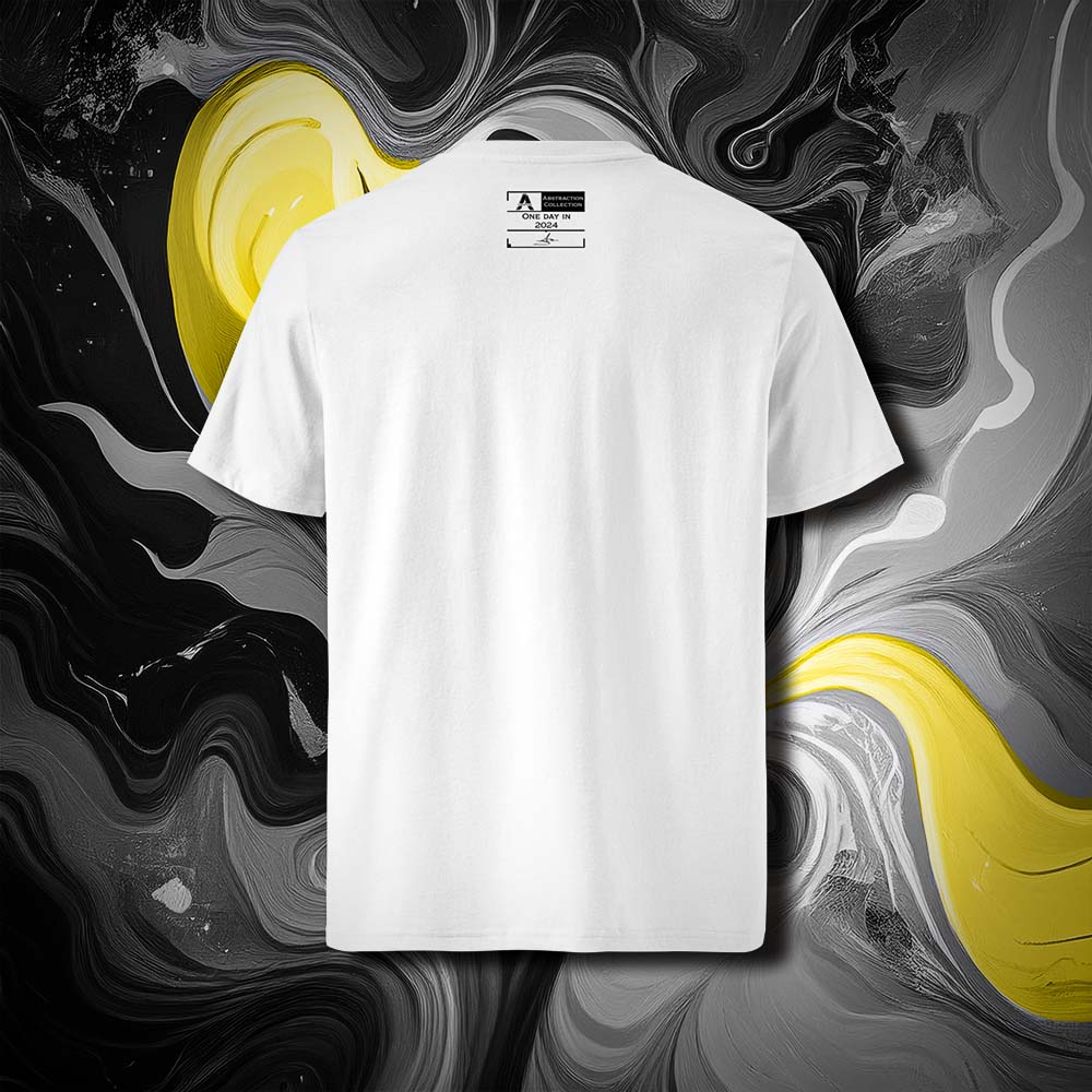 T-shirt unisexe blanc, vu de dos et portant l'étiquette de la collection "Abstraction" coloré en noir