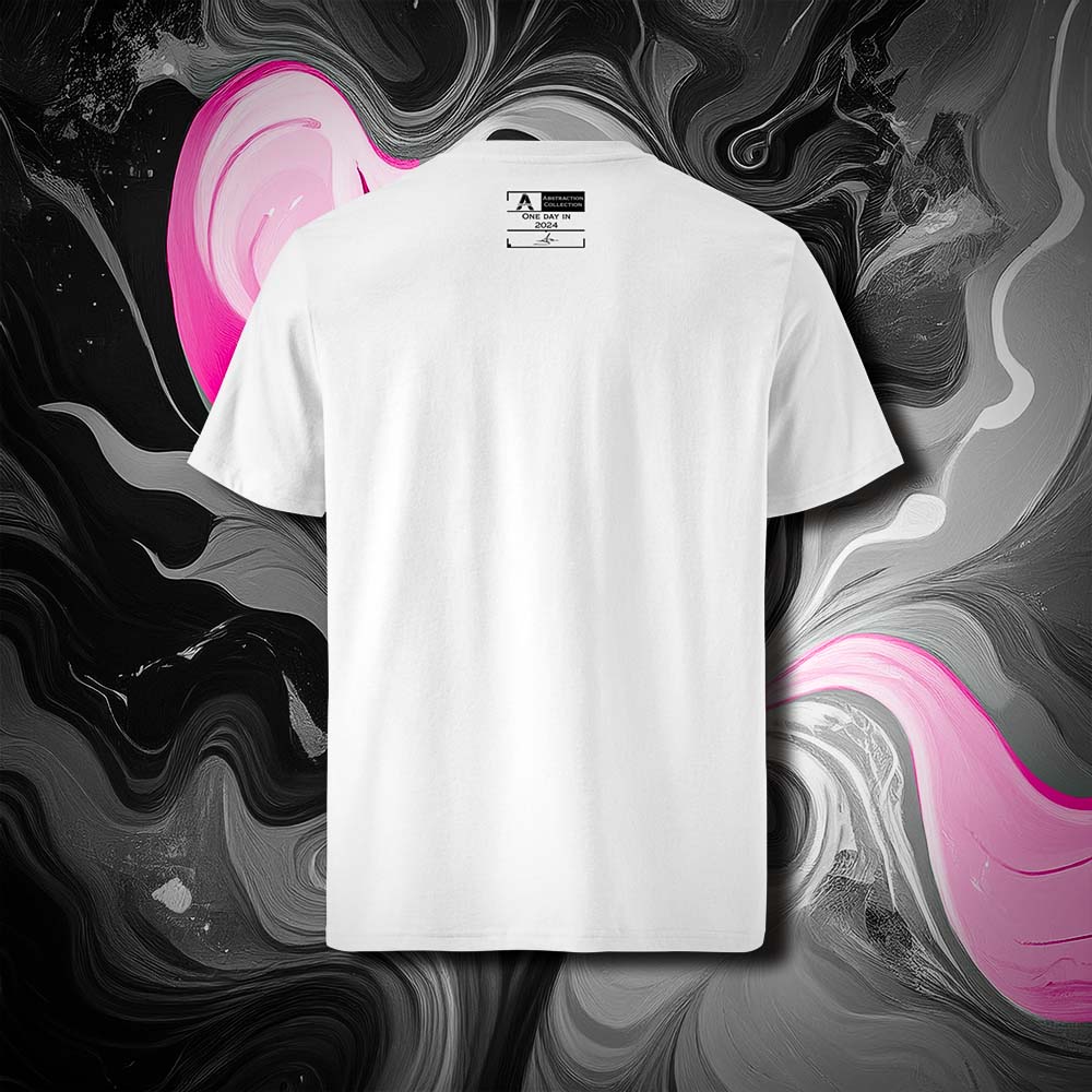 T-shirt unisexe blanc, vu de dos et portant l'étiquette de la collection "Abstraction" coloré en noir