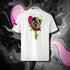 T-shirt unisexe blanc, vu de dos et portant le design "Abstraction 3" coloré en noir et magenta