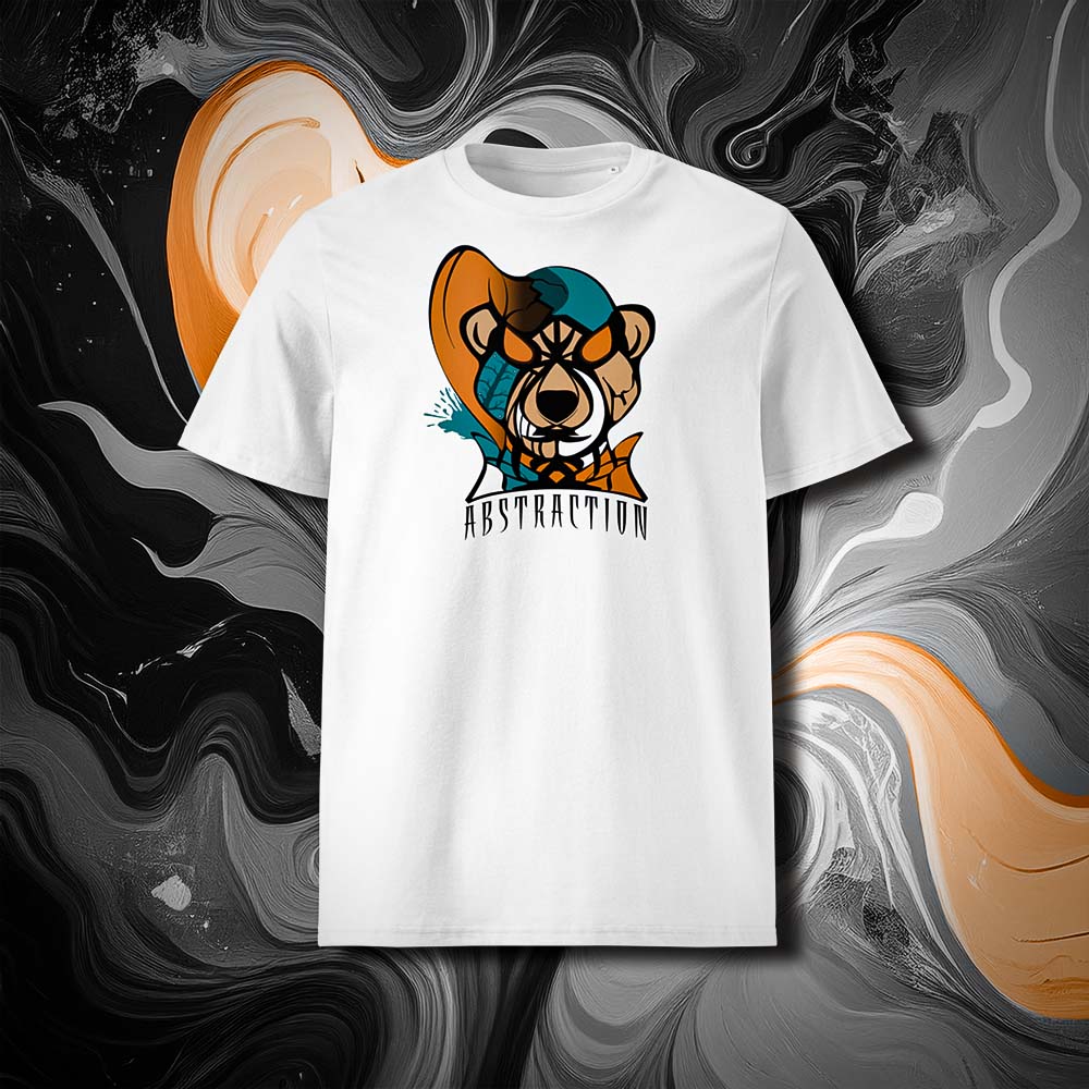 T-shirt unisexe blanc, vu de face et portant le design "Abstraction 3" coloré en noir et mandarine