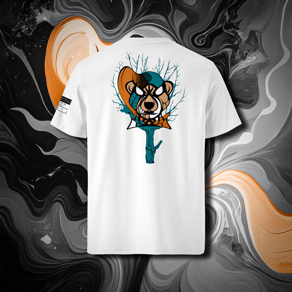 T-shirt unisexe blanc, vu de dos et portant le design "Abstraction 3" coloré en noir et mandarine