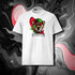 T-shirt unisexe blanc, vu de face et portant le design "Abstraction 3" coloré en noir et rouge écarlate