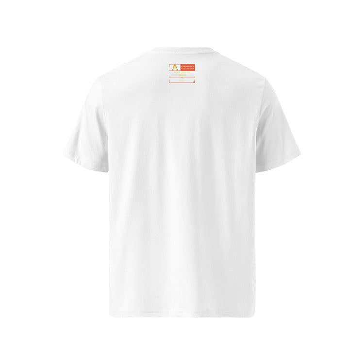 T-shirt unisexe blanc, vu de dos et portant l'étiquette de la collection "Ignorance" aux couleurs playful