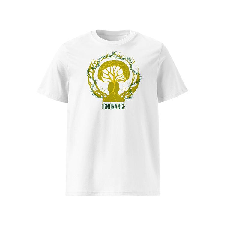  T-shirt unisexe blanc, vu de face et portant le design "Ignorance" aux couleurs botaniques