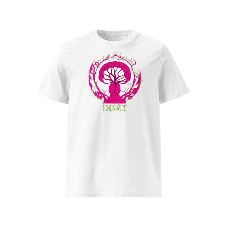 T-shirt unisexe blanc, vu de face et portant le design "Ignorance" coloré en magenta