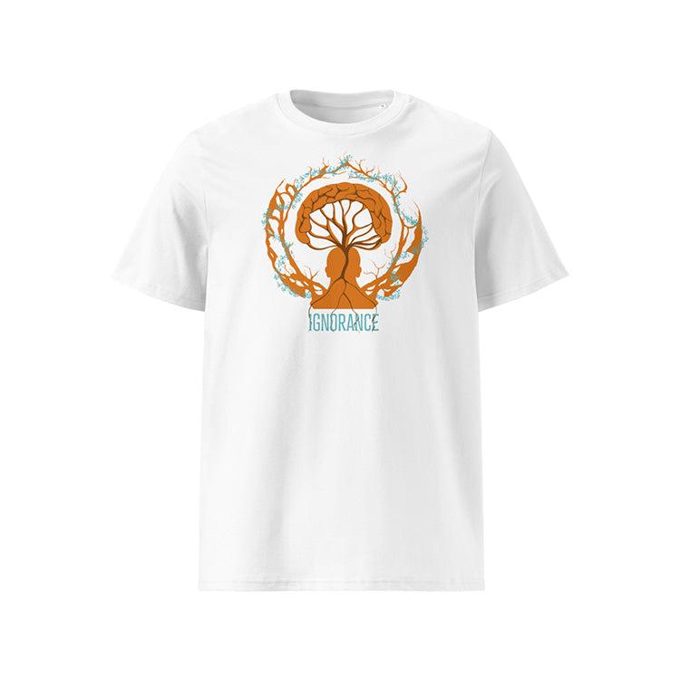 T-shirt unisexe blanc, vu de face et portant le design "Ignorance" coloré en mandarine