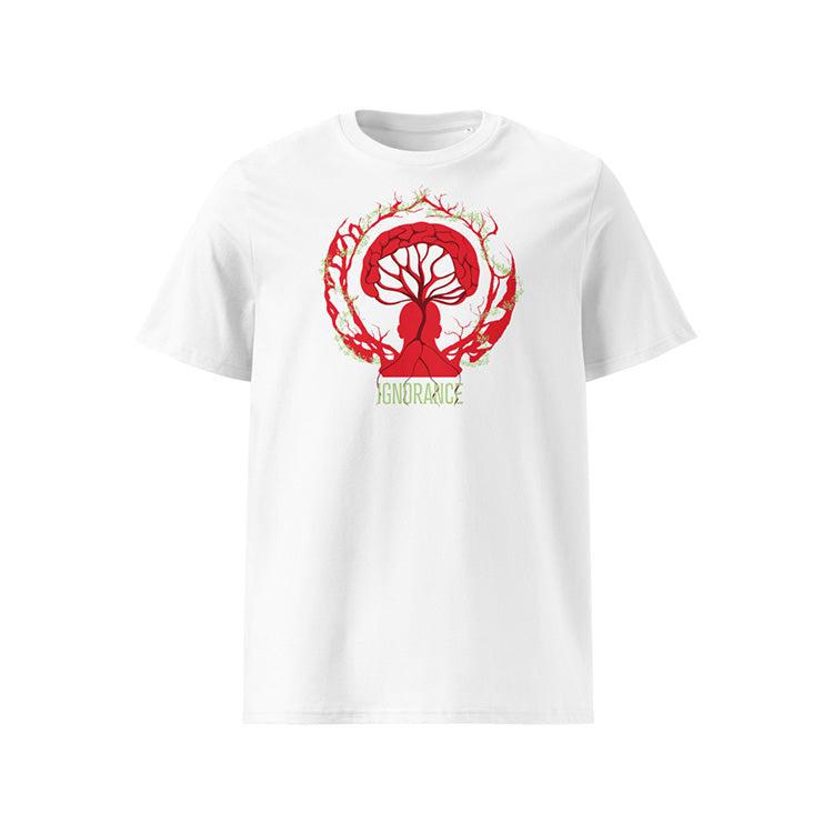 T-shirt unisexe blanc, vu de face et portant le design "Ignorance" coloré en rouge écarlate