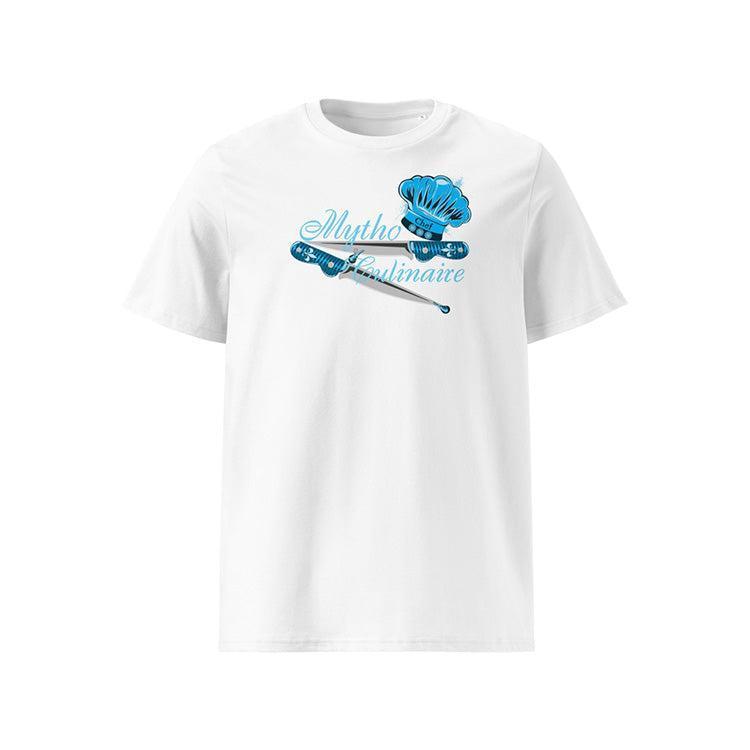 T-shirt unisexe blanc, vu de face et portant le design "Mytho Culinaire" coloré en cyan