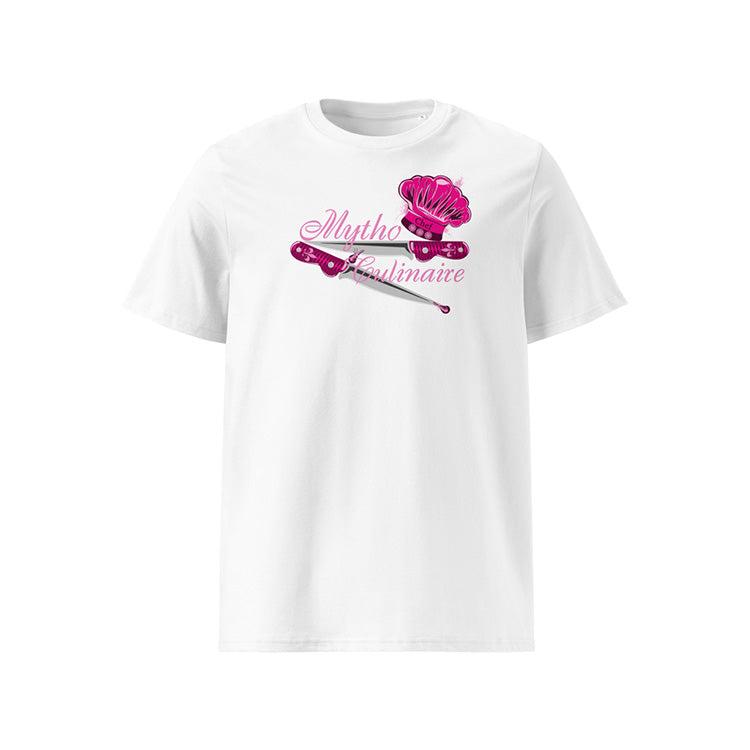 T-shirt unisexe blanc, vu de face et portant le design "Mytho Culinaire" coloré en magenta