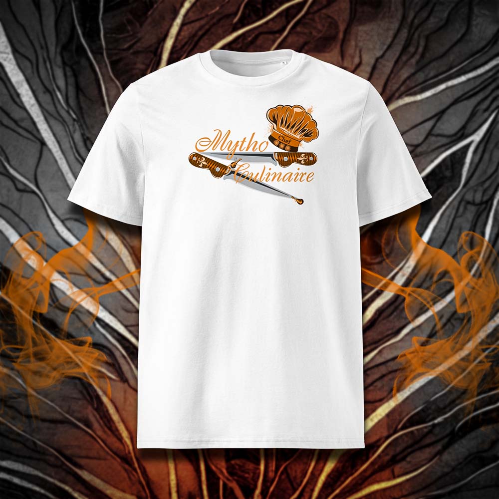 T-shirt unisexe blanc, vu de face et portant le design "Mytho Culinaire" coloré en mandarine