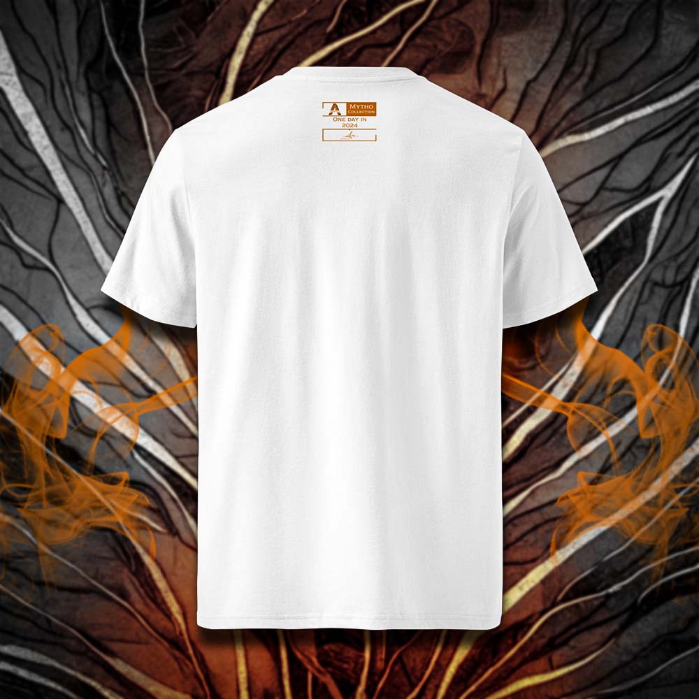 T-shirt unisexe blanc, vu de dos et portant l'étiquette de la collection "Mytho" coloré en mandarine