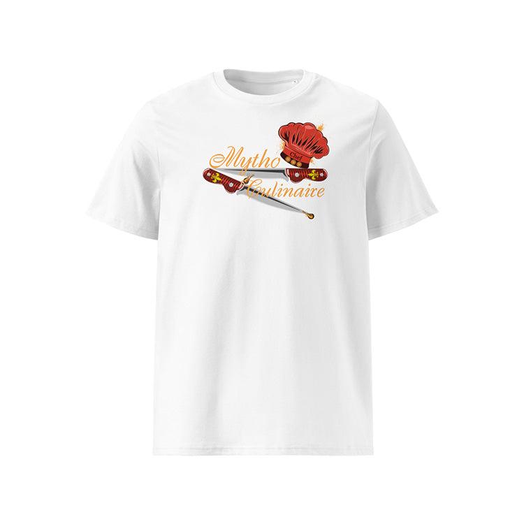 T-shirt unisexe blanc, vu de face et portant le design "Mytho Culinaire" aux couleurs piquantes